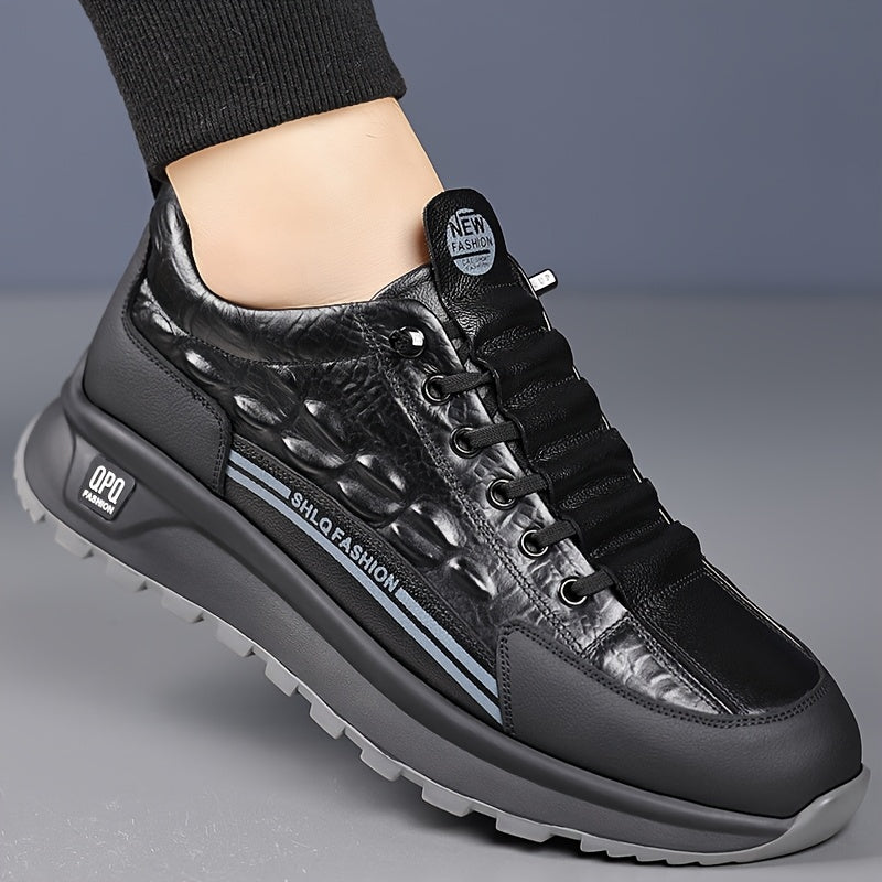 Men's Leather Casual Sneakers Black Gray Crocodile Pattern Rubber Sole Lace-Up Low Top