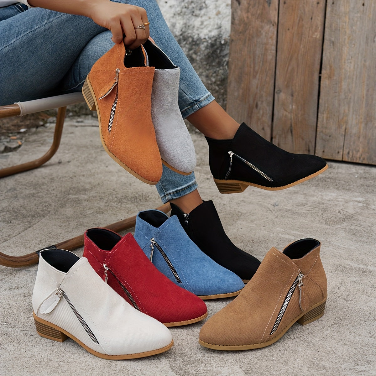Women's Ankle Boots Solid Color Pointed Toe Mid-Heel Casual Slip-Ons