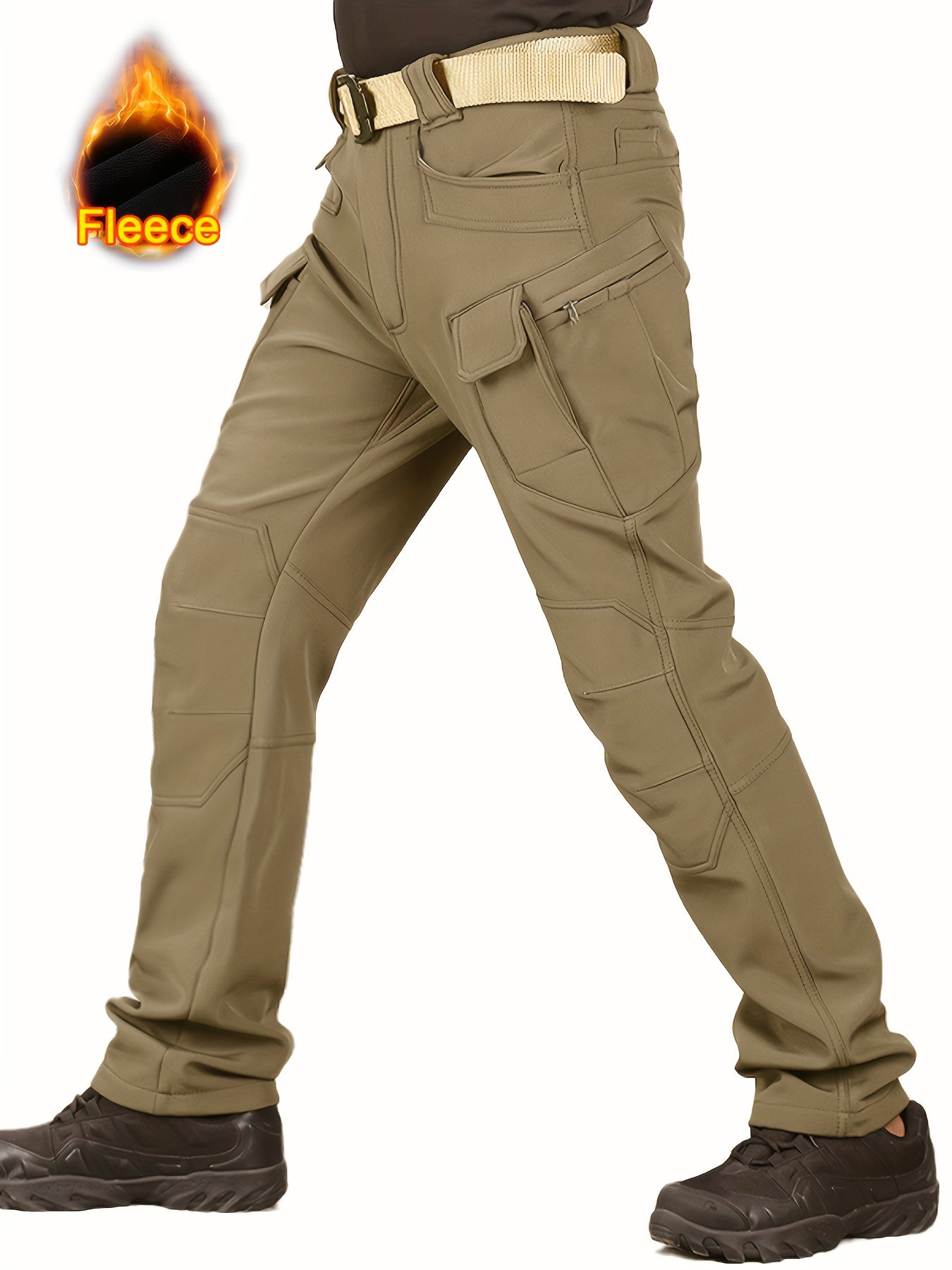 Men's Waterproof Tactical Pants Winter Outdoor Fleece-Lined Polyester Solid