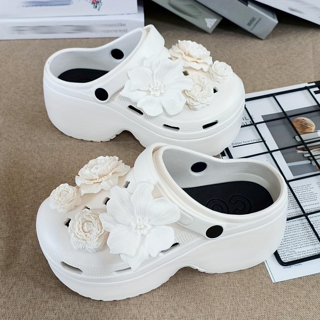 Women Floral Mule Shoes White Black Accents Non-Slip EVA Comfortable