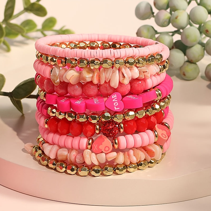 Boho Chic Ko'p Qavatli O'rash Bilaguzuk, Pushti Yurak Sun'iy Tosh Marjonlari bilan - 14 Fevralda yoki Har qanday Faslda Ayollar uchun Mukammal! Kundalik Kiymak yoki Ta'til Aksessuariga Ideal