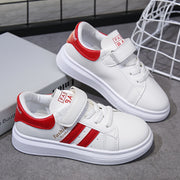 Kids' White Casual Sneakers for Boys and Girls with Red Stripes, PU Upper, PVC Sole