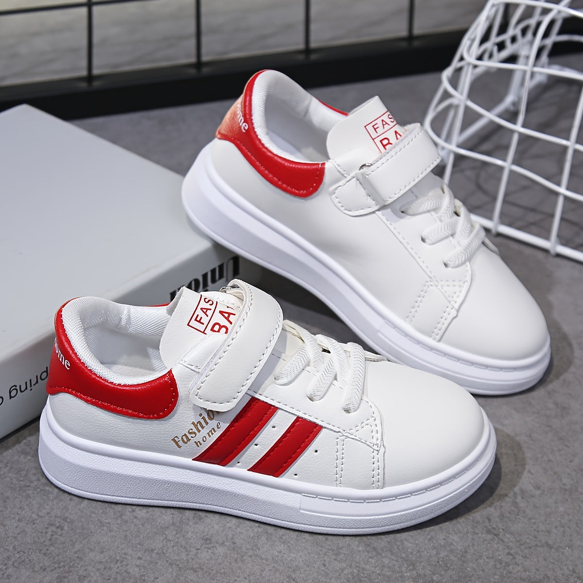 Kids' White Casual Sneakers for Boys and Girls with Red Stripes, PU Upper, PVC Sole