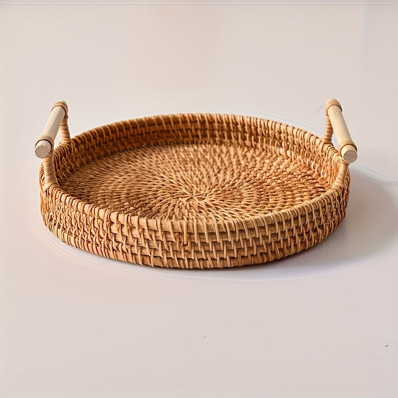 Handmade Rattan Fruit Basket Large Kitchen Serving Tray Rustic Style