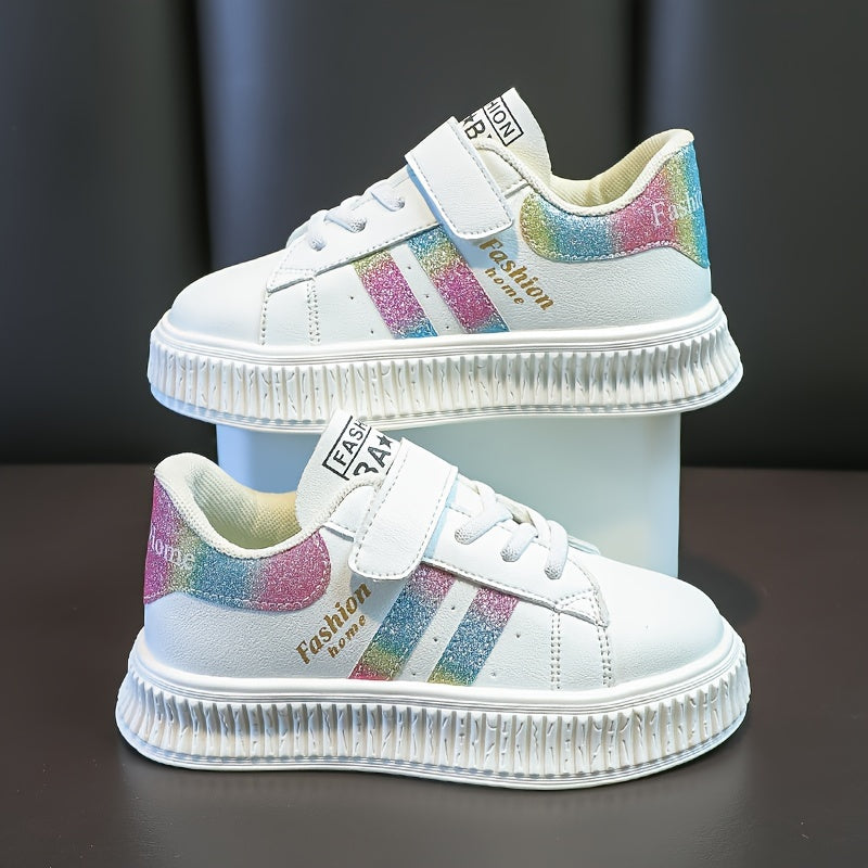 Kids Casual Sneakers with Stripe Design, PU Upper, Rubber Sole, Hook and Loop Fastener, Unisex