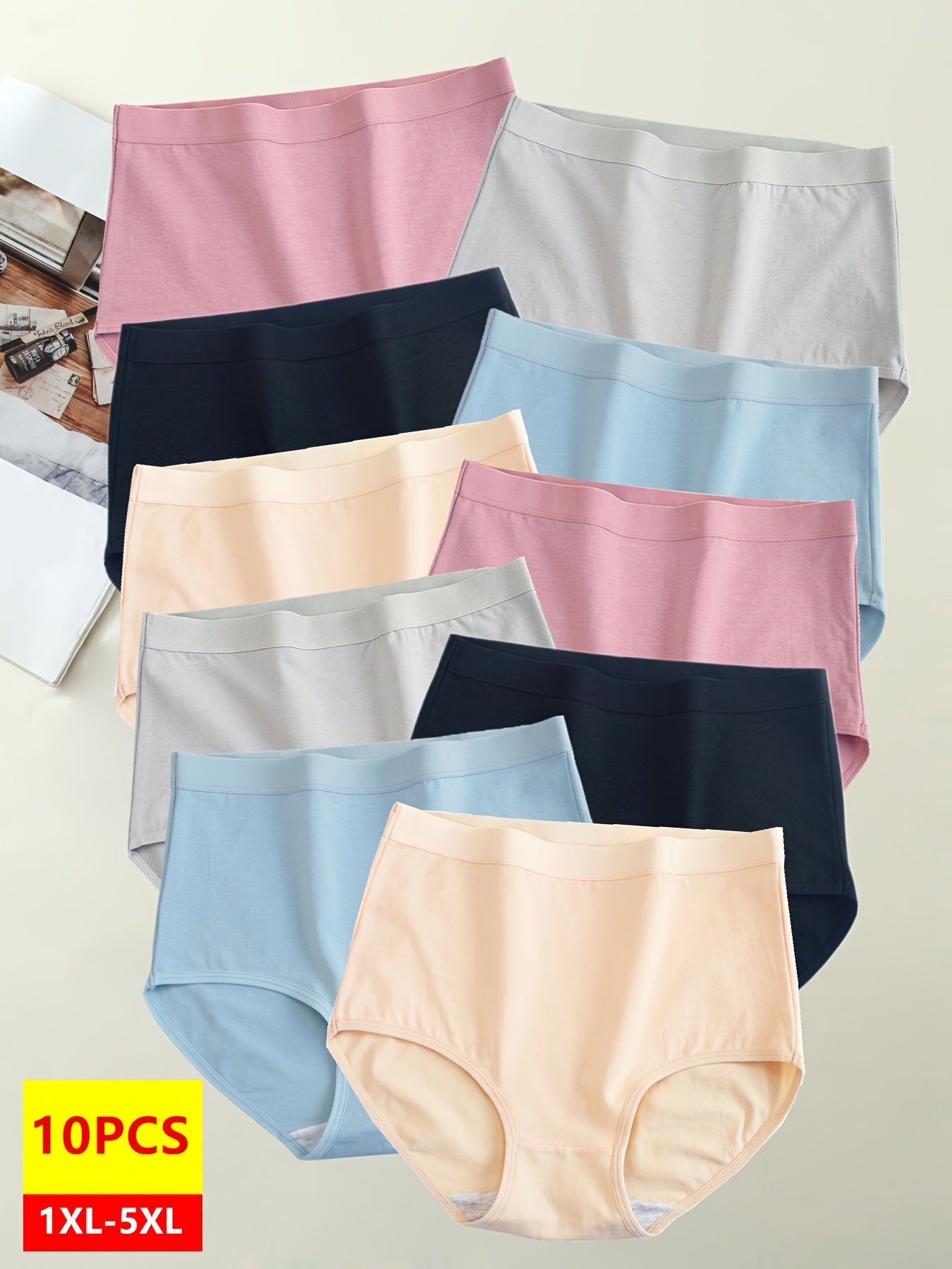 Women’s Plus Size High-Waisted Tummy Control Panties Pack of 10 Breathable Cotton Solid
