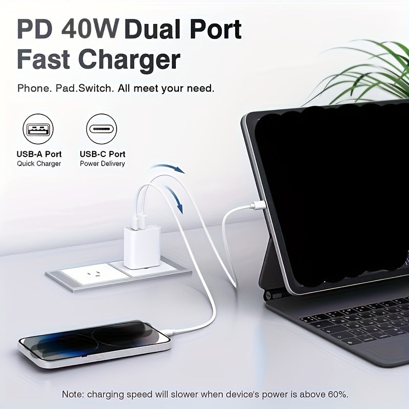 40W Ikki portli USB-C devor zaryadlovchi tez zaryadlash uchun iPhone Samsung bilan 100cm kabelli