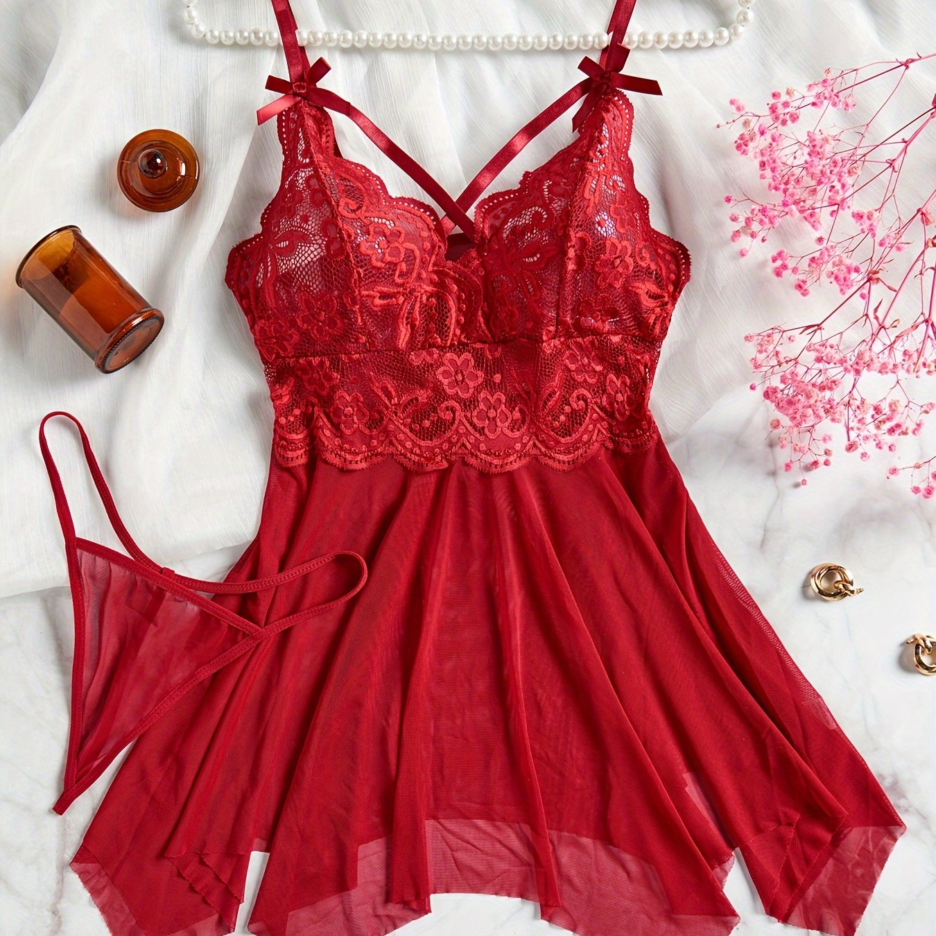 Women’s Asymmetrical Mesh Lace Cami Dress and Thong Lingerie Set