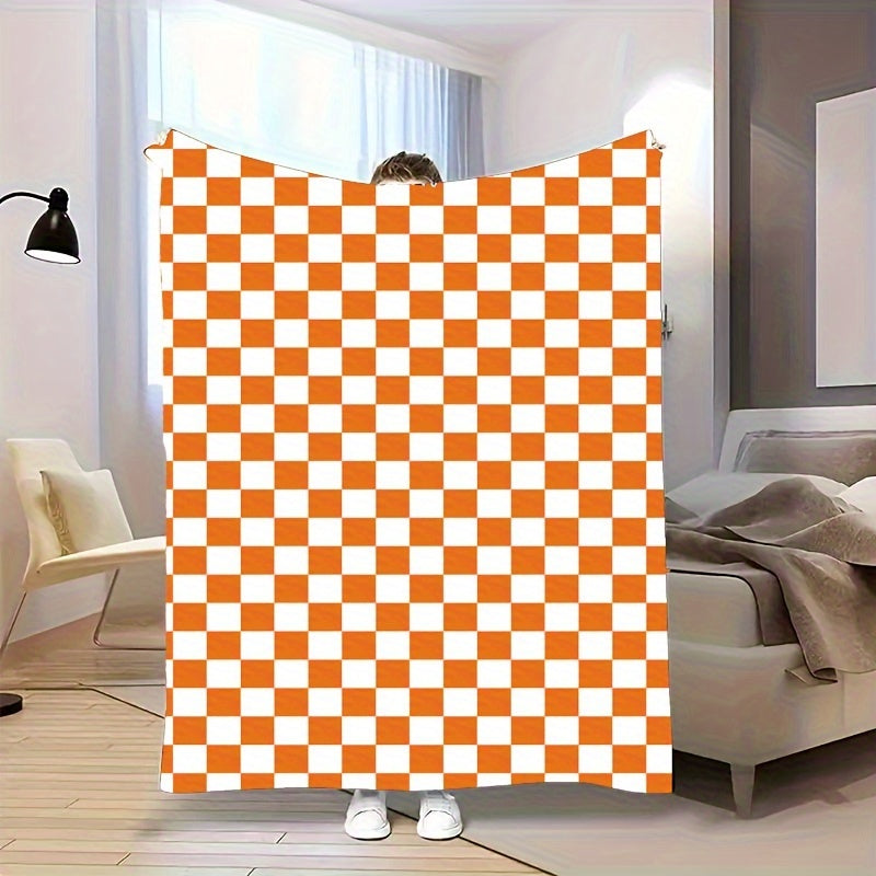 Orange and White Checkered Fleece Throw Blanket with Geometric Pattern for All Seasons