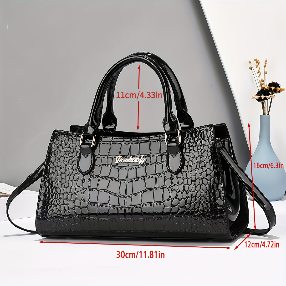 Women's Black Crocodile-Embossed Leather Handbag with Adjustable Strap and Zipper Closure