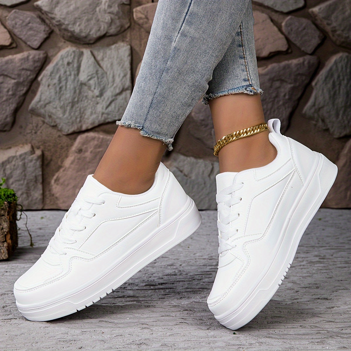 Women's White Casual Low-Top Sneakers with EVA Insole and Breathable PU Cover