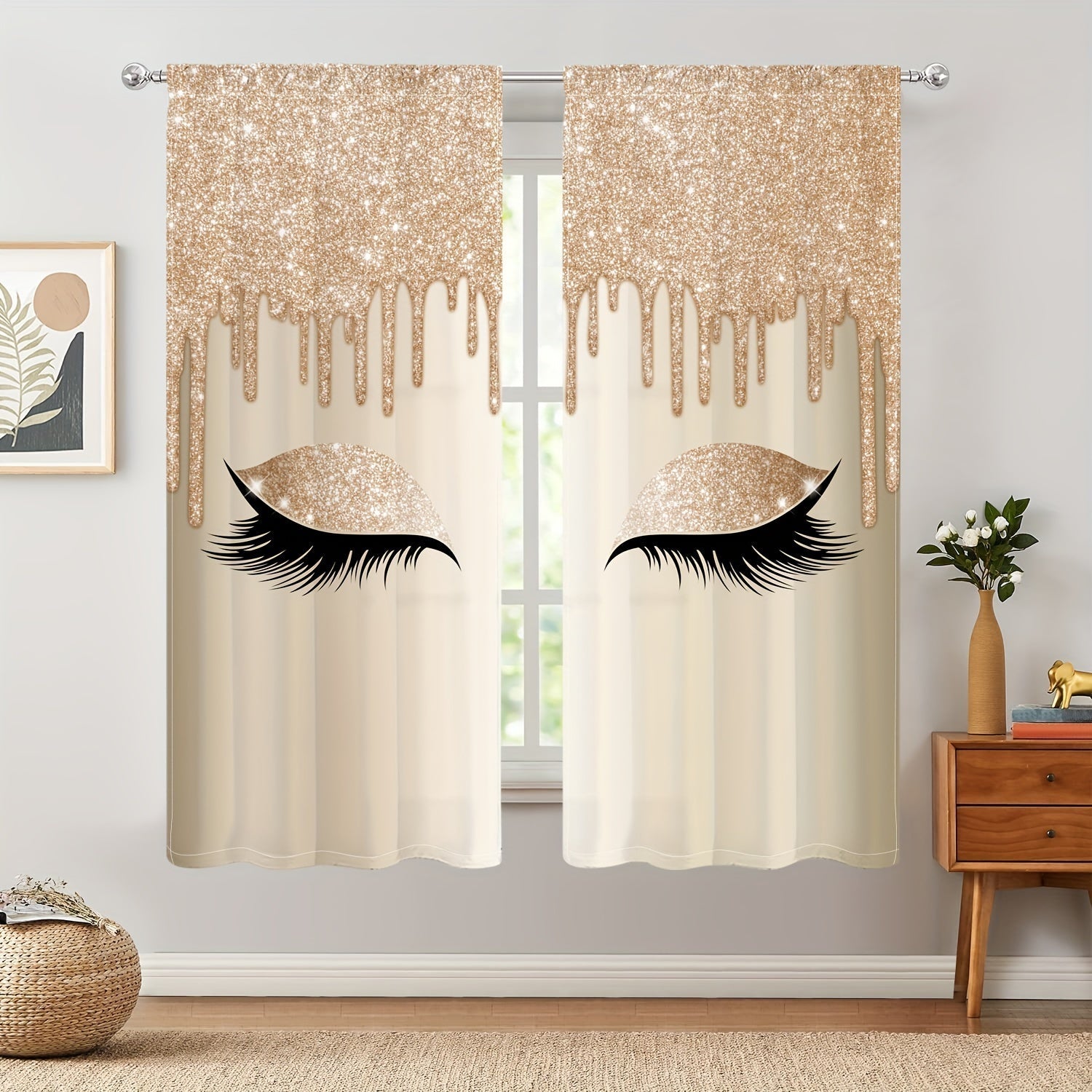 Set of Two Eyelash Printed Curtains, Rod Pocket Window Treatments for Bedroom and Living Room