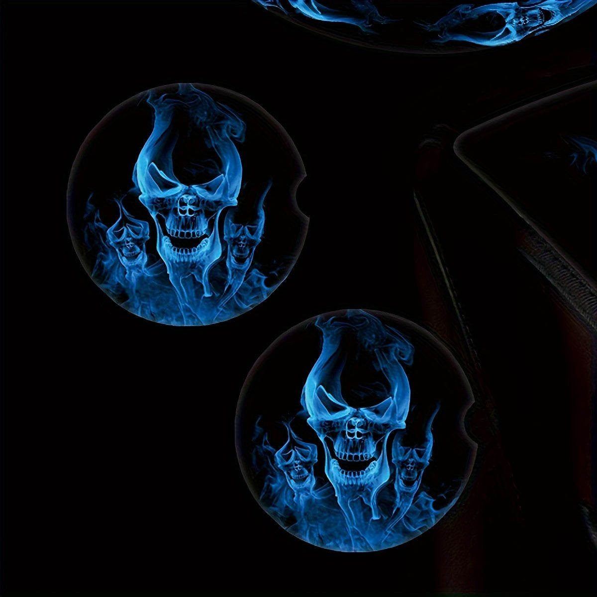 Blue Flame Skull Print Car Accessory Set Includes Wheel Cover Armrest Covers Seat Belt Clips Coasters