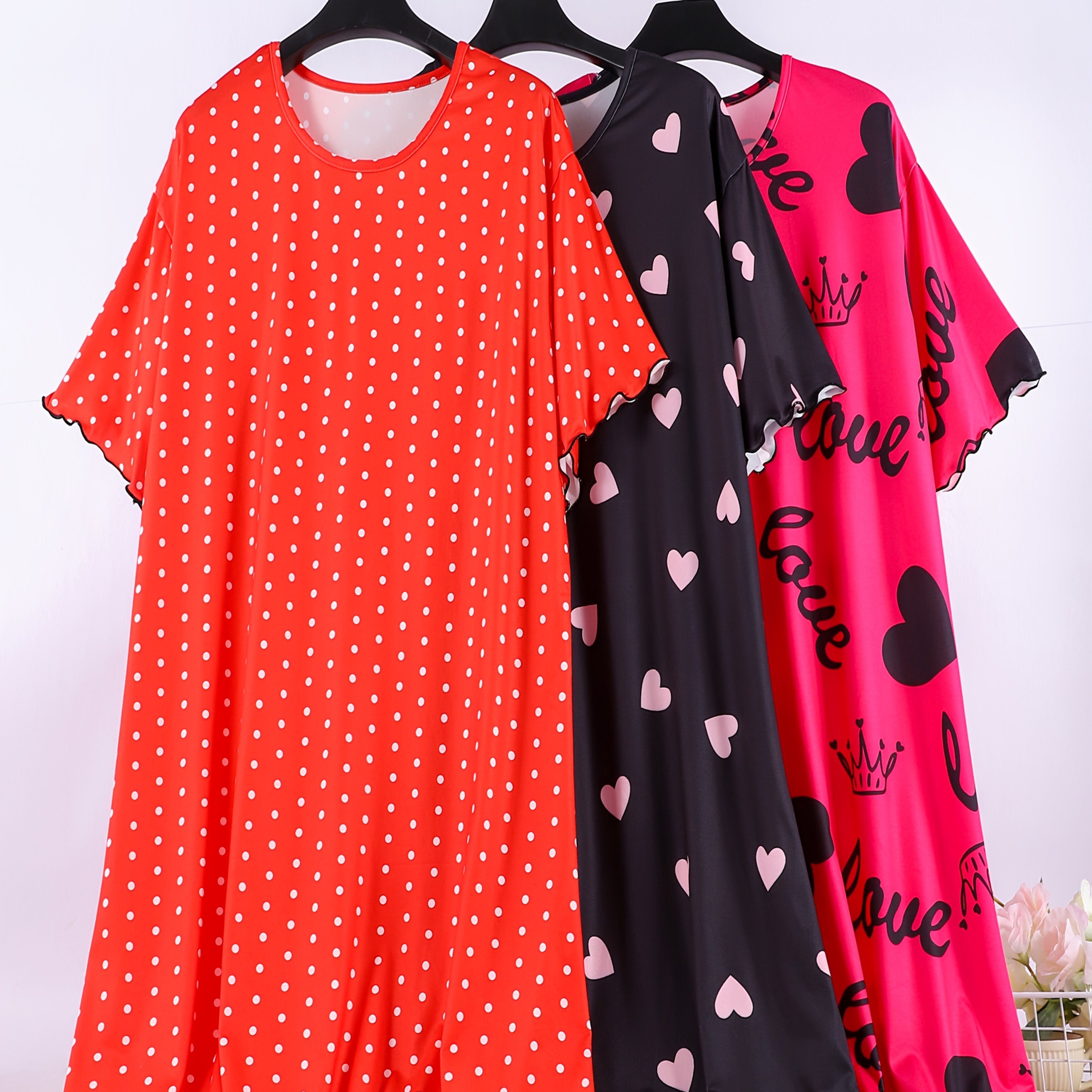 Plus Size Summer Sleepwear Nightgowns Polyester Heart Polka Dot Sleep Dresses