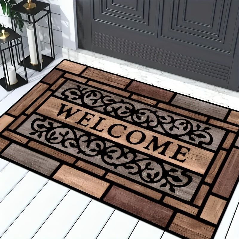 Wood-Texture Door Mat with Anti-Slip Backing, Stain-Resistant Polyester