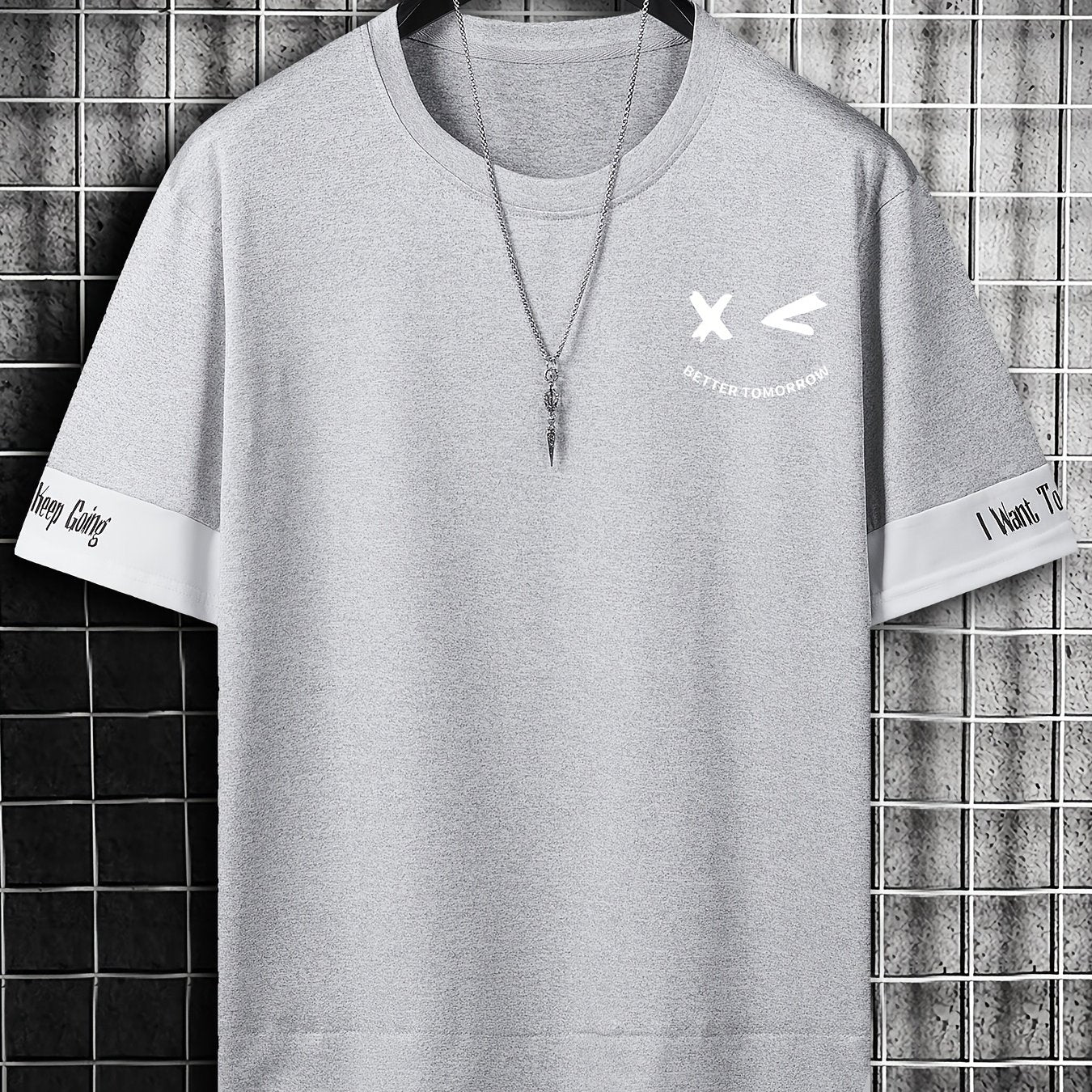 Men's Color-Blocked Short Sleeve T-Shirt with Letter Print Faux Two-Piece Summer Casual