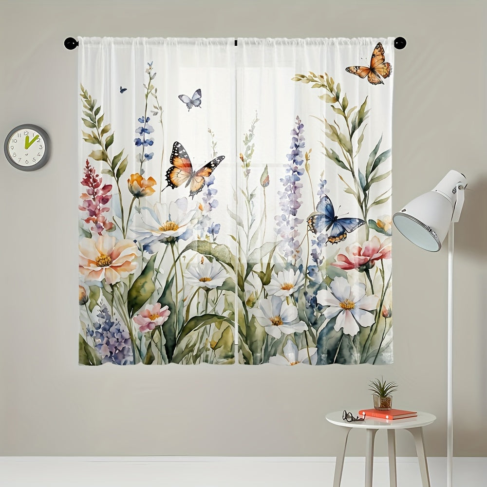 Cortinas de tul con estampado floral vibrante y mariposas para sala de estar o dormitorio poliéster semi-transparente