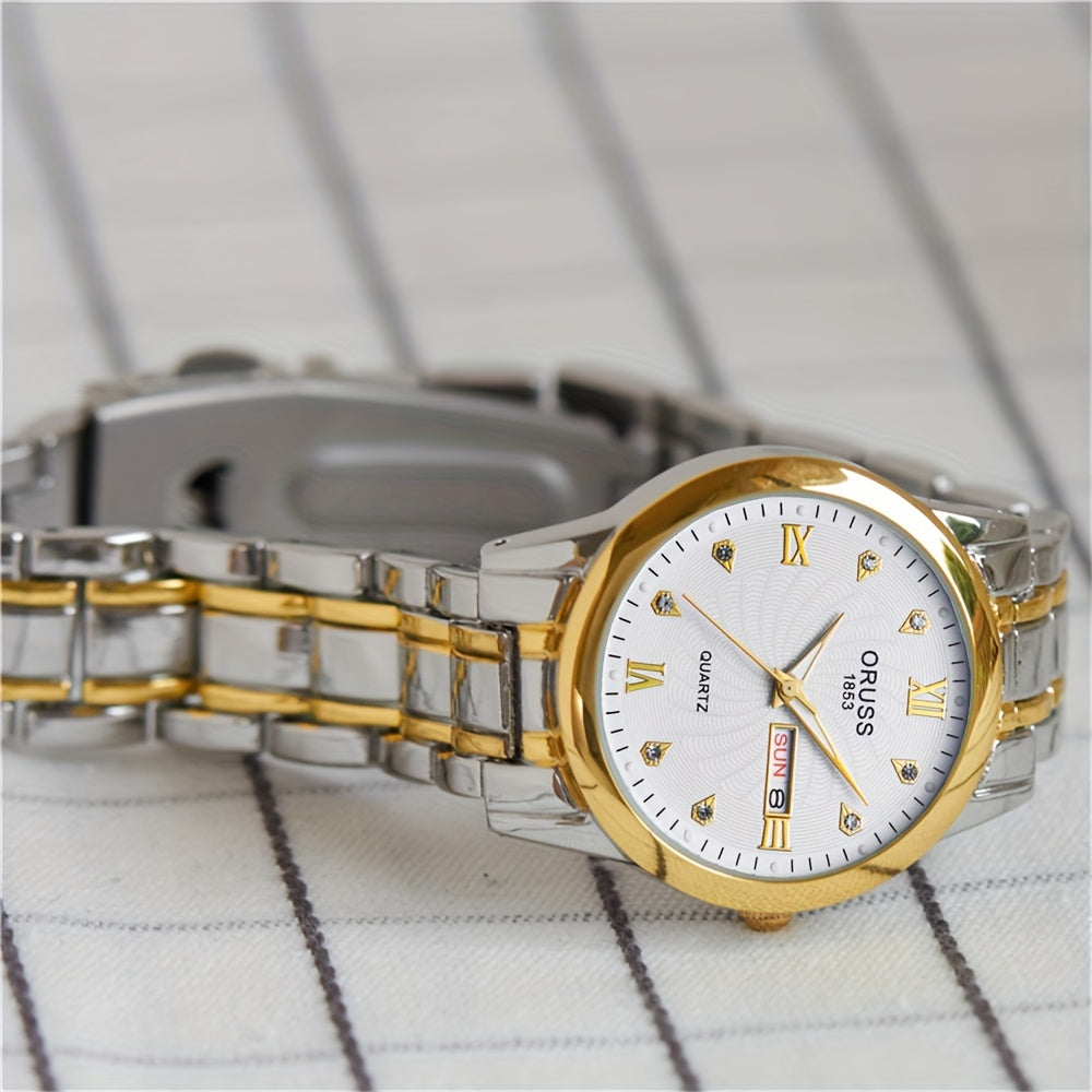 Reloj de pulsera analógico para hombres con calendario y características luminosas, decorado con rhinestones