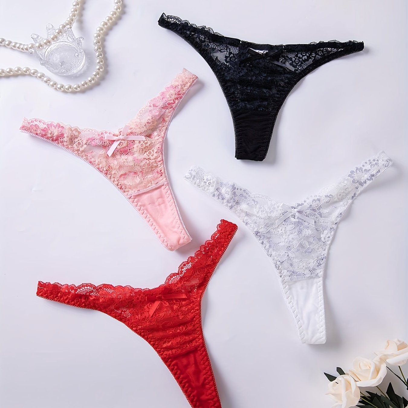 Set of 4 Women's Lace Thongs with Bow Knot Sexy Lingerie