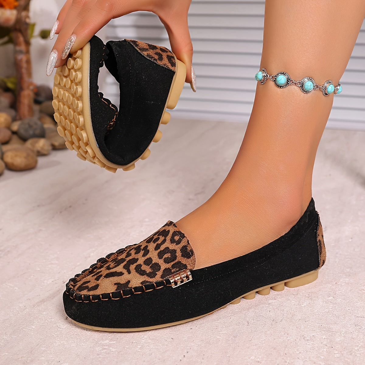 Women's Leopard Print Slip-On Flats with Rubber Sole and Metal Accents