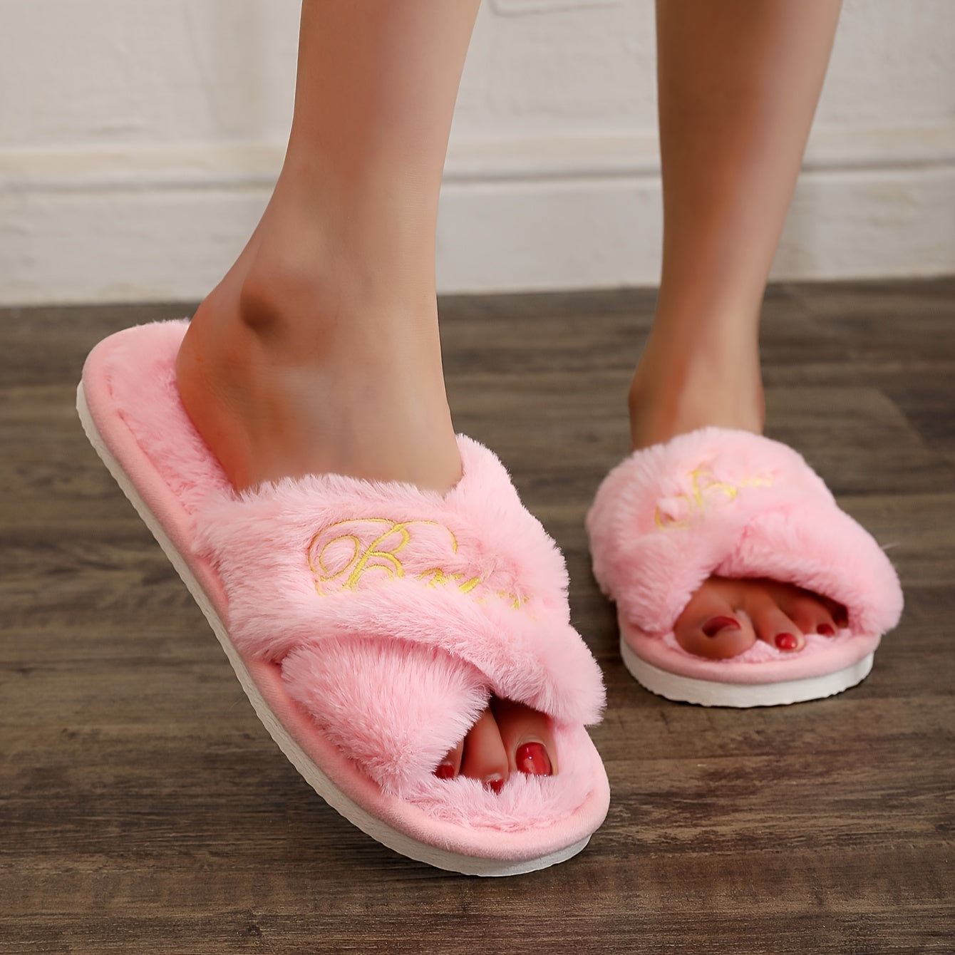 Women's Embroidered Faux Fur Slip-On Slippers White Comfort Wedding Occasion