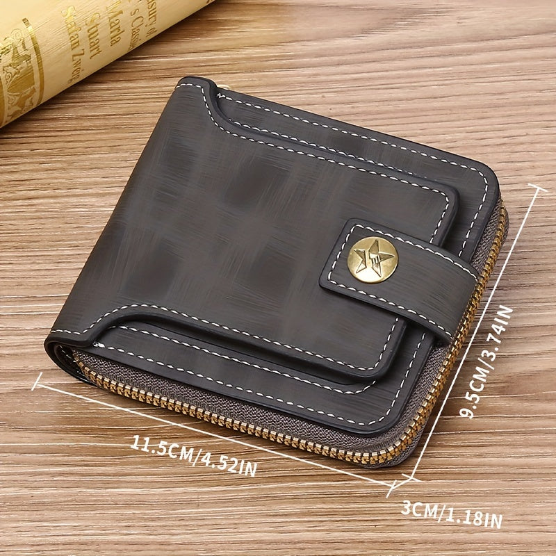 Men's PU Zipper Wallet with Button Decor Credit Card Holder Bifold Coffee