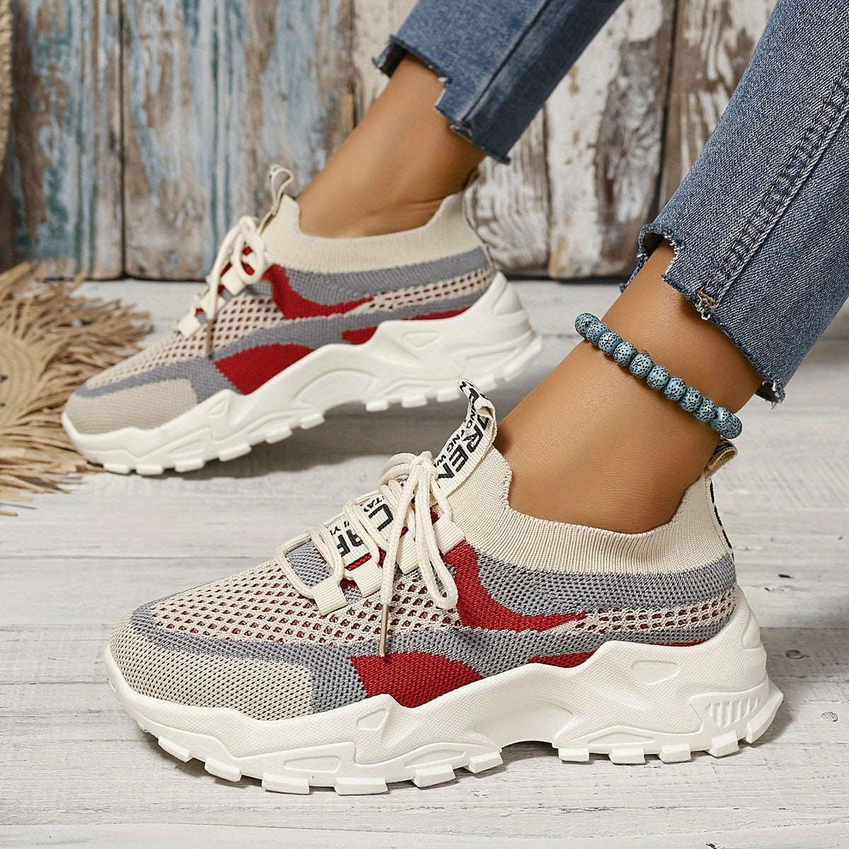 Women’s Color-Block Woven Sneakers Breathable Fabric Lightweight Running Shoes