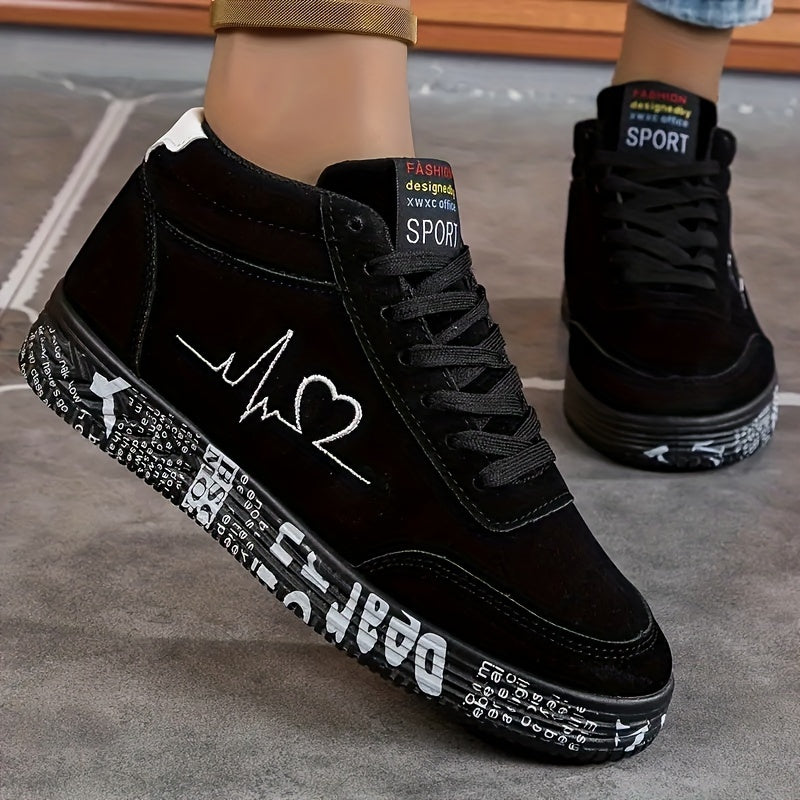 Ayollar uchun qizil yuqori to'plamli skeyt krossovkalari, yurak urishi dizayni, kauchuk taglik, mato astar, barcha mavsumlar uchun ochiq havoda tasodifiy kiyim uchun mukammal.