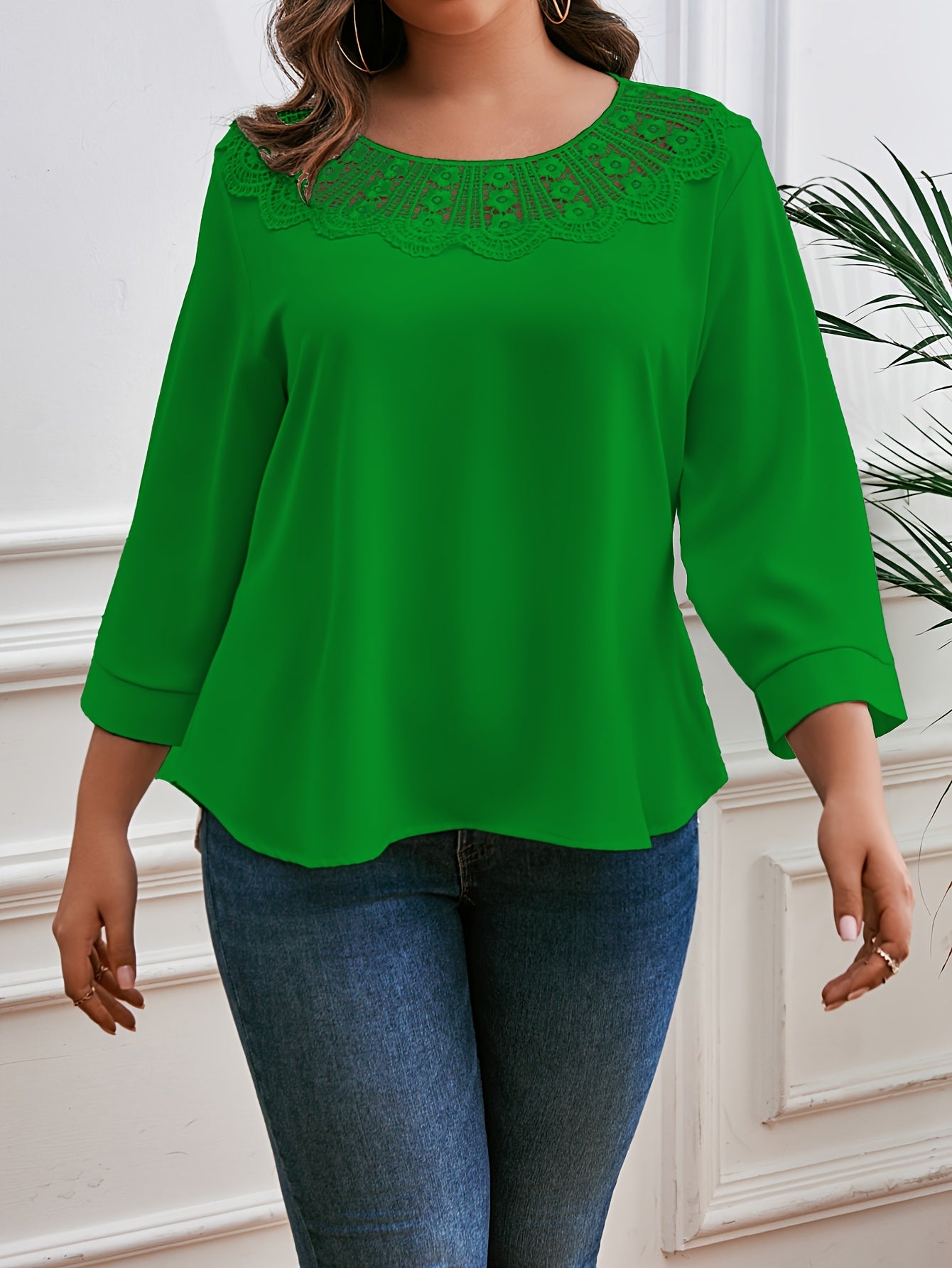 Women's Elegant Crew Neck Blouse with Lace Detail 3/4 Sleeve Solid Polyester