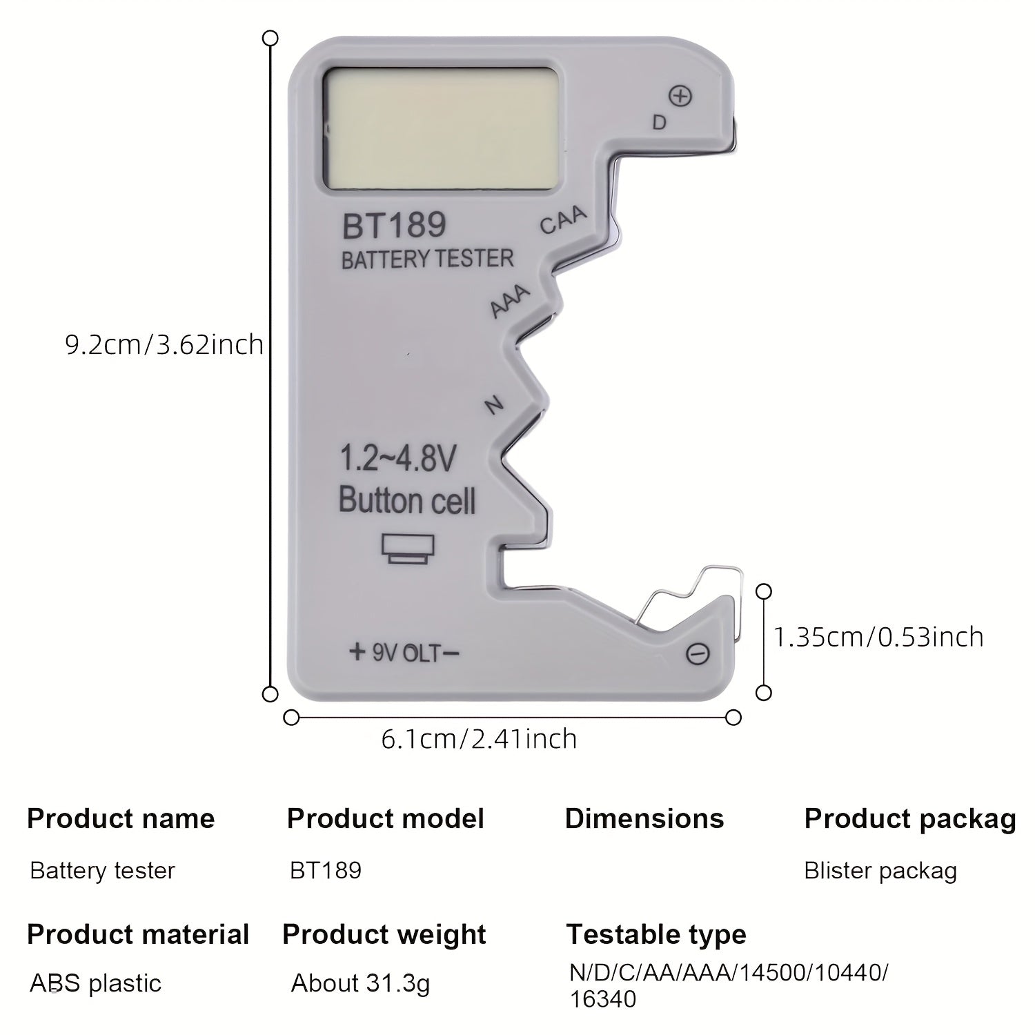 LCD displeyli raqamli batareya tekshirgich AA AAA 9V 1.5V batareyalar uchun