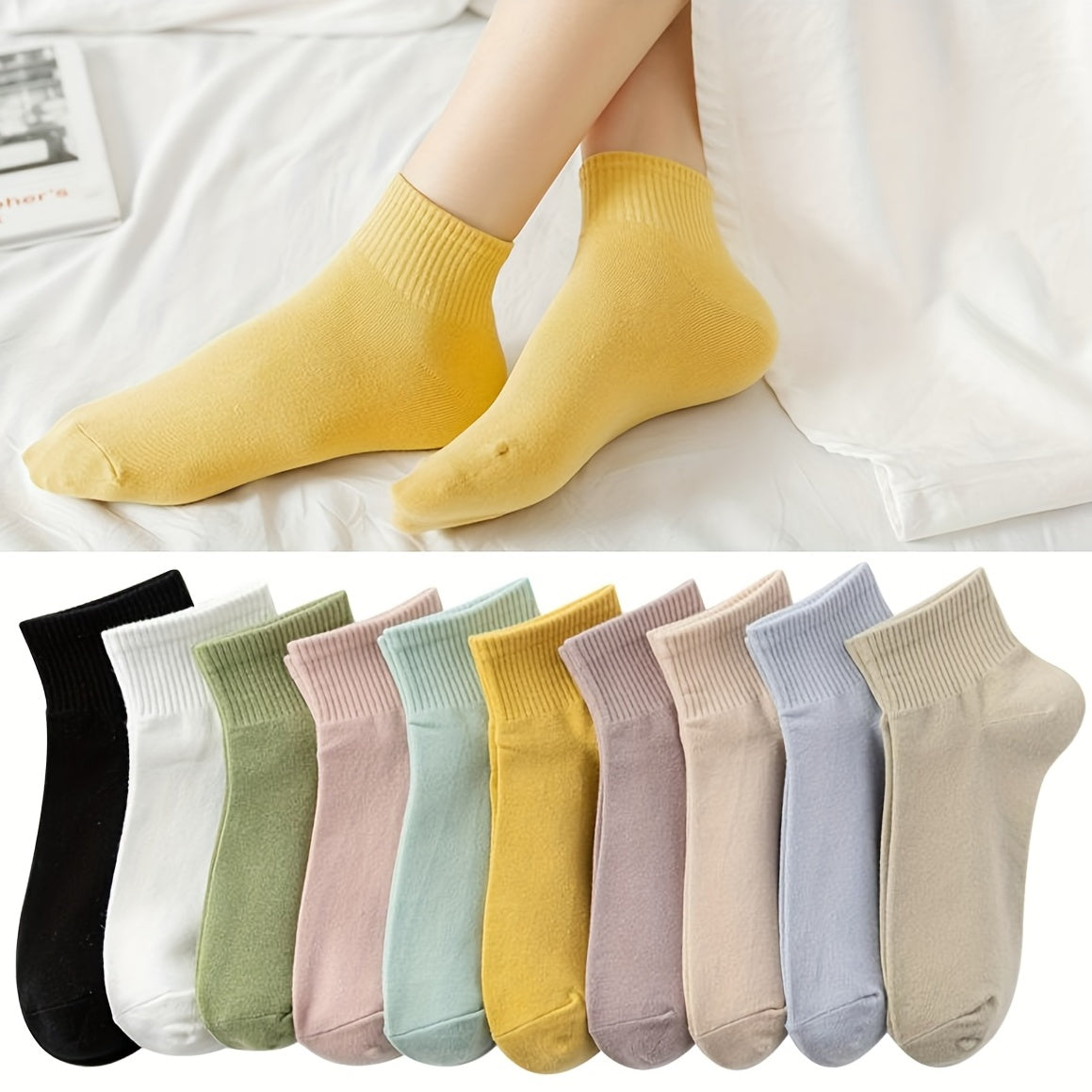 Women’s Crew Socks 10 Pairs Solid Color Comfortable Knit Polyester Spandex