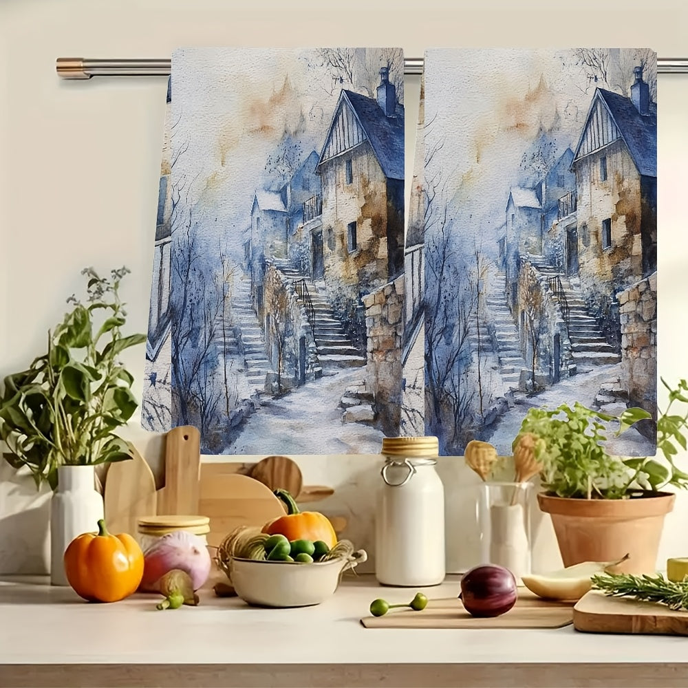 Juego de 2 toallas de cocina ultra suaves escena invernal pintura acrílica 40x60 cm