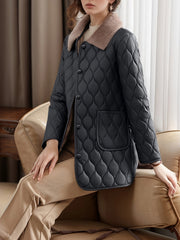 Women's Quilted Polyester Jacket with Faux Fur Collar Long Sleeve Flared Hem All-Season