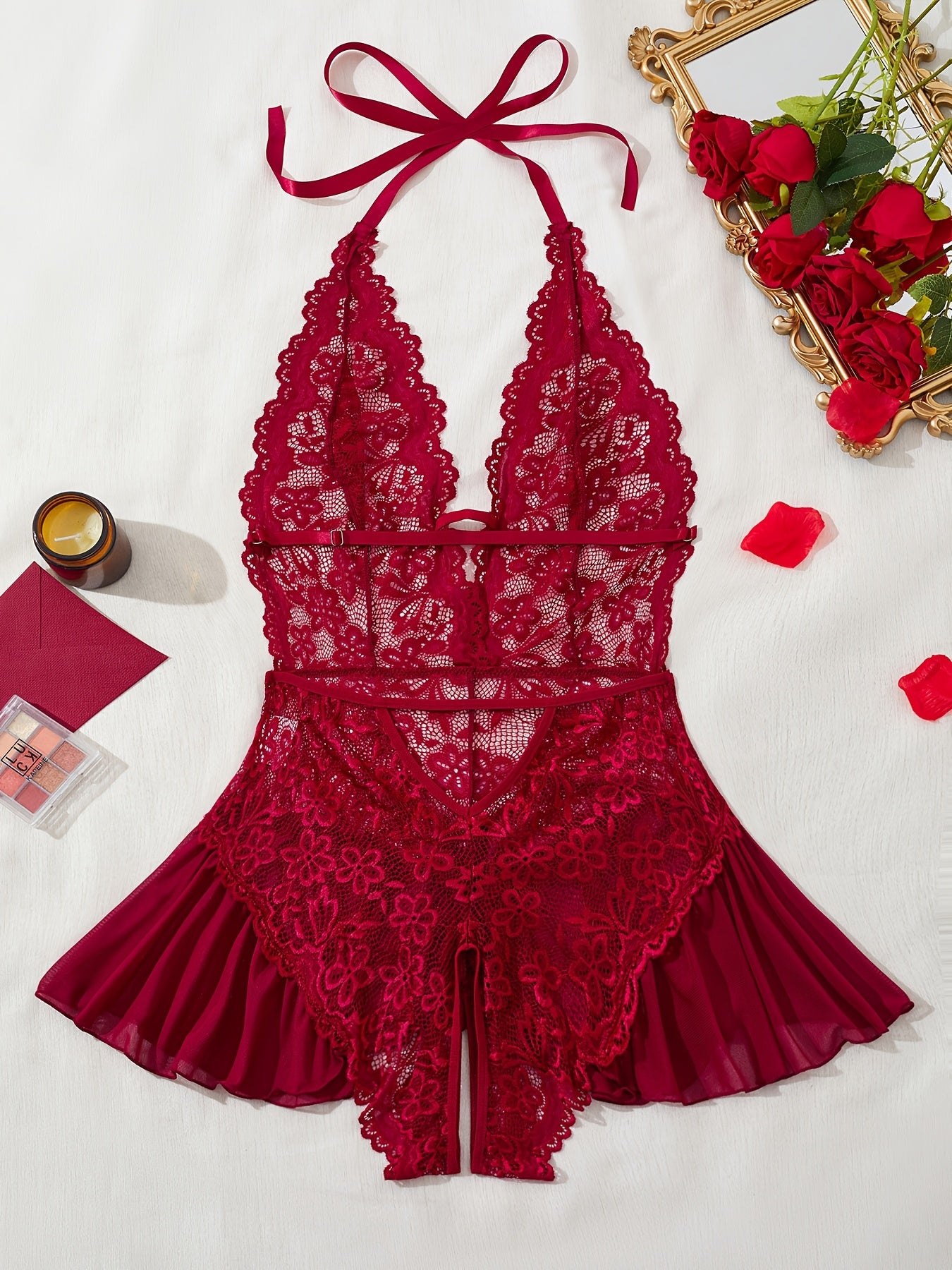 Plus Size Red Lace Lingerie Bodysuit with Sheer Mesh and Backless Halter Design