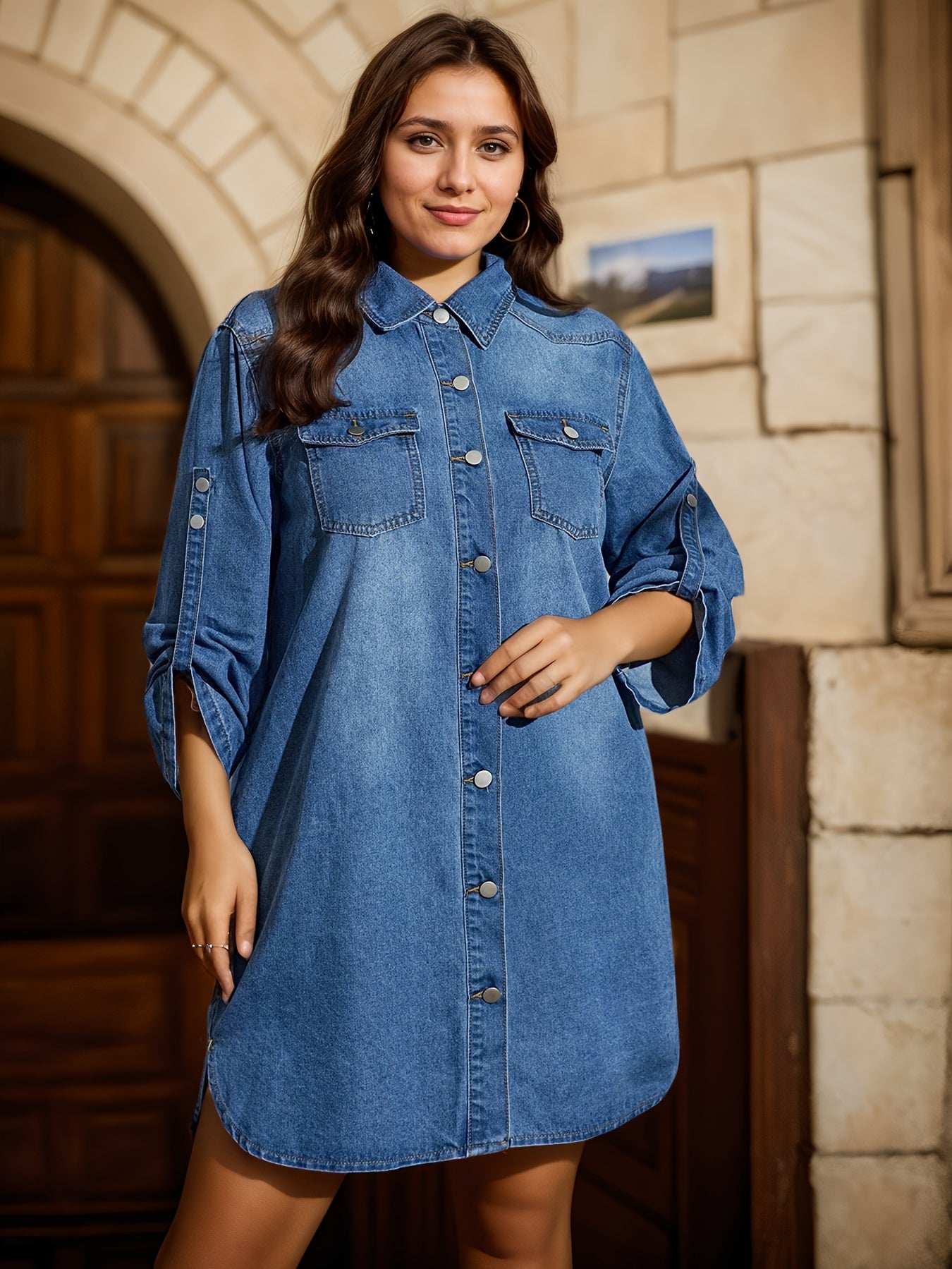 Women's Denim Dress with Ruffle Hem Long Sleeves Button-Up Vintage Style