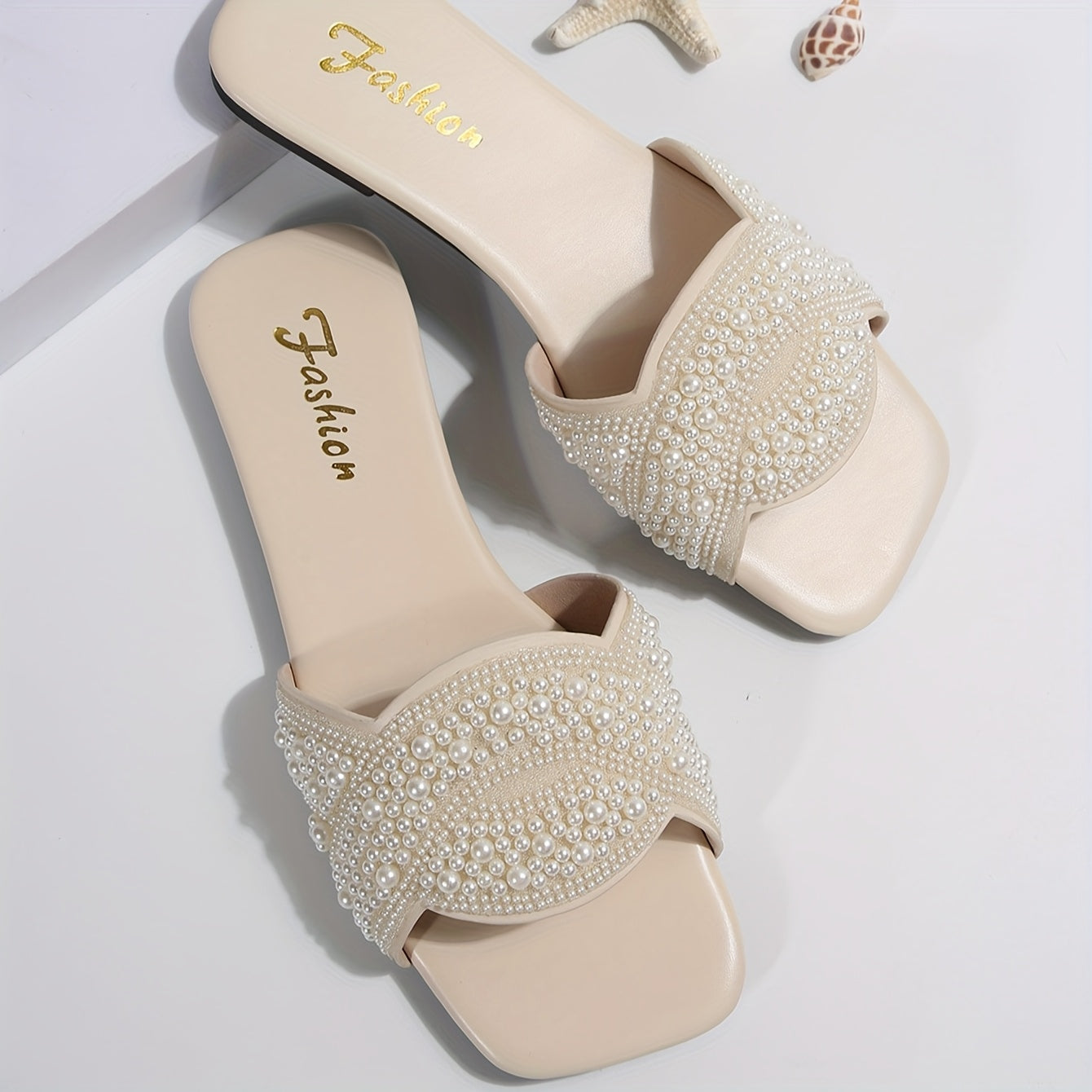 Women White Rhinestone Embellished Flat Square Toe Sandals Summer Wear