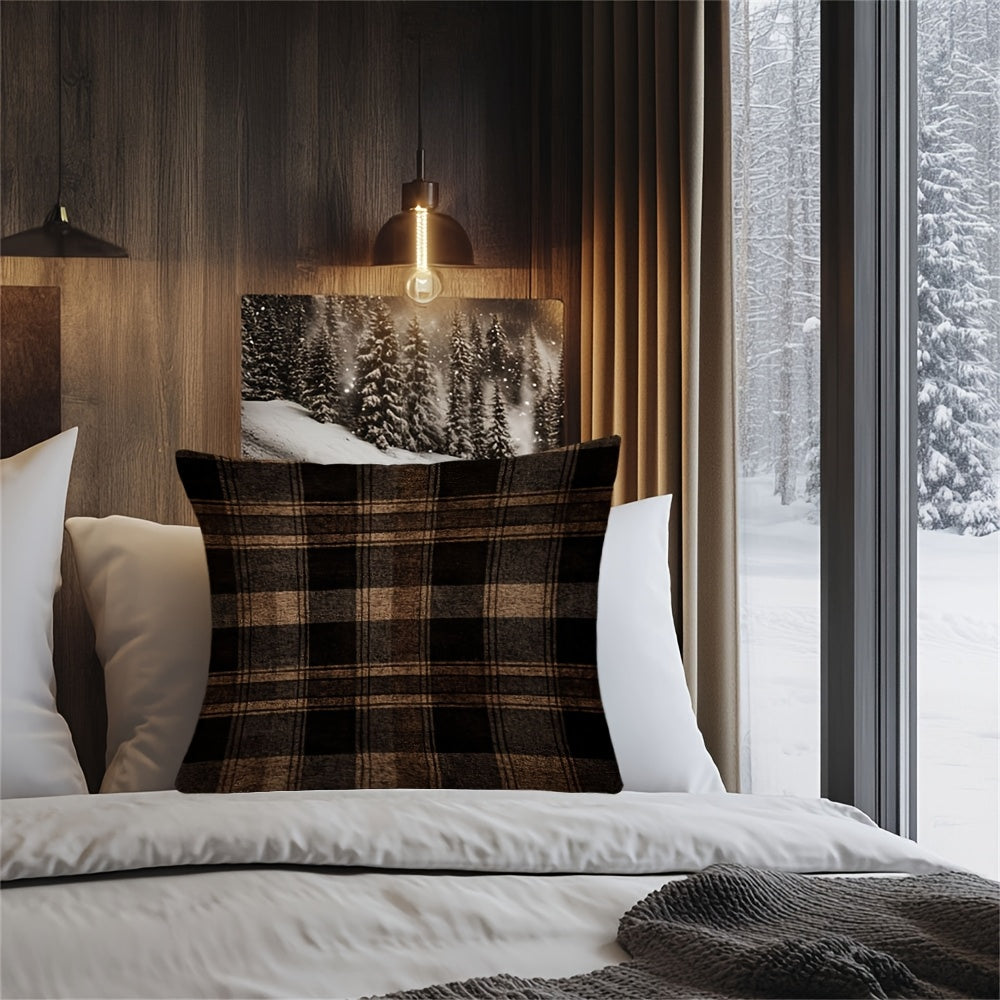 Dark Brown Plaid Pillow Cover with Hidden Zipper Polyester Fabric for Sofa and Chair