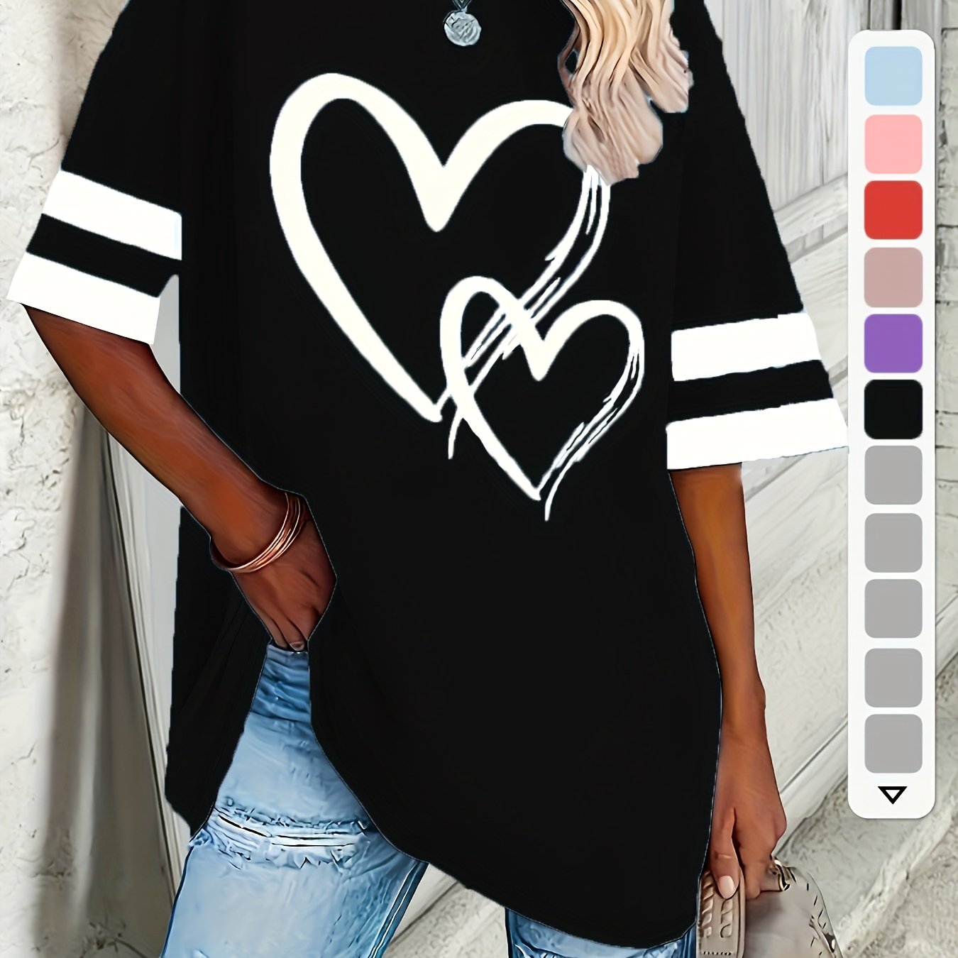 Plus Size Women's Short Sleeve T-Shirt with Heart Design Casual Pullover