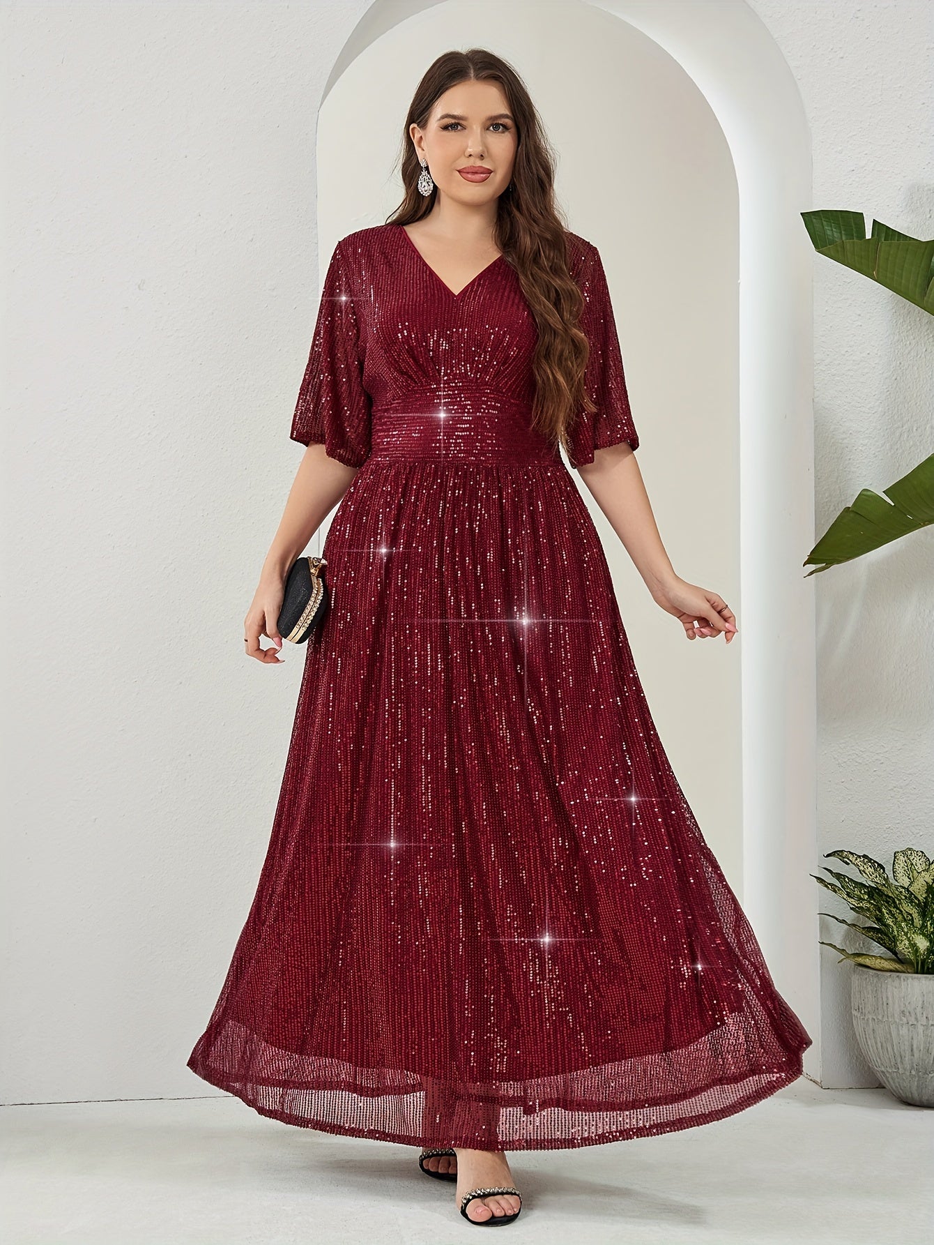 Plus Size Sequin V-Neck Maxi Dress with Half Sleeves and Zipper for All Seasons