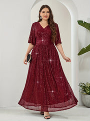 Plus Size Sequin V-Neck Maxi Dress with Half Sleeves and Zipper for All Seasons
