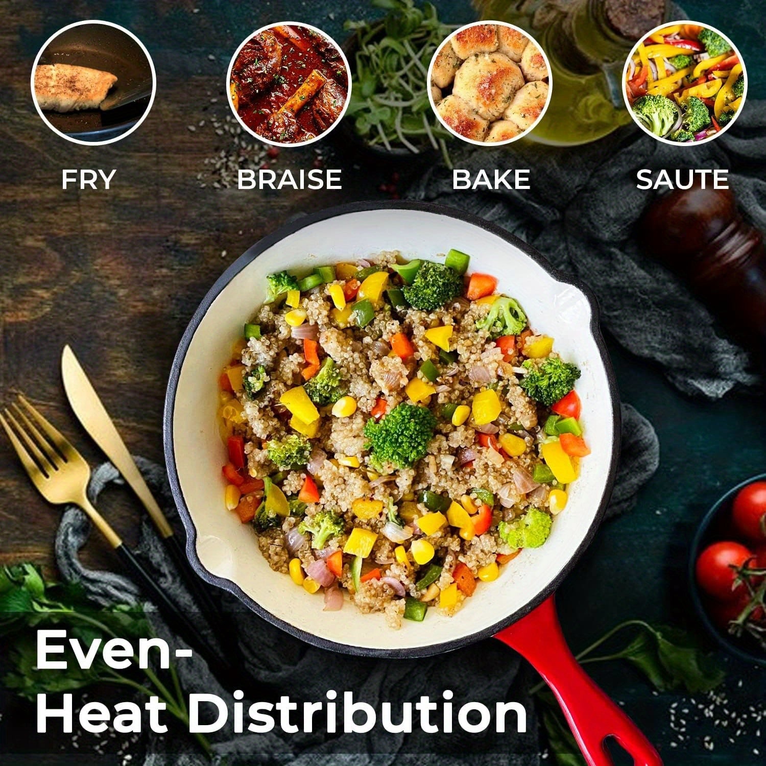 Qattiq temir qovurilgan skilet 20cm, quyish teshiklari va oson tutqich bilan, ichki va tashqi oshpazlik uchun