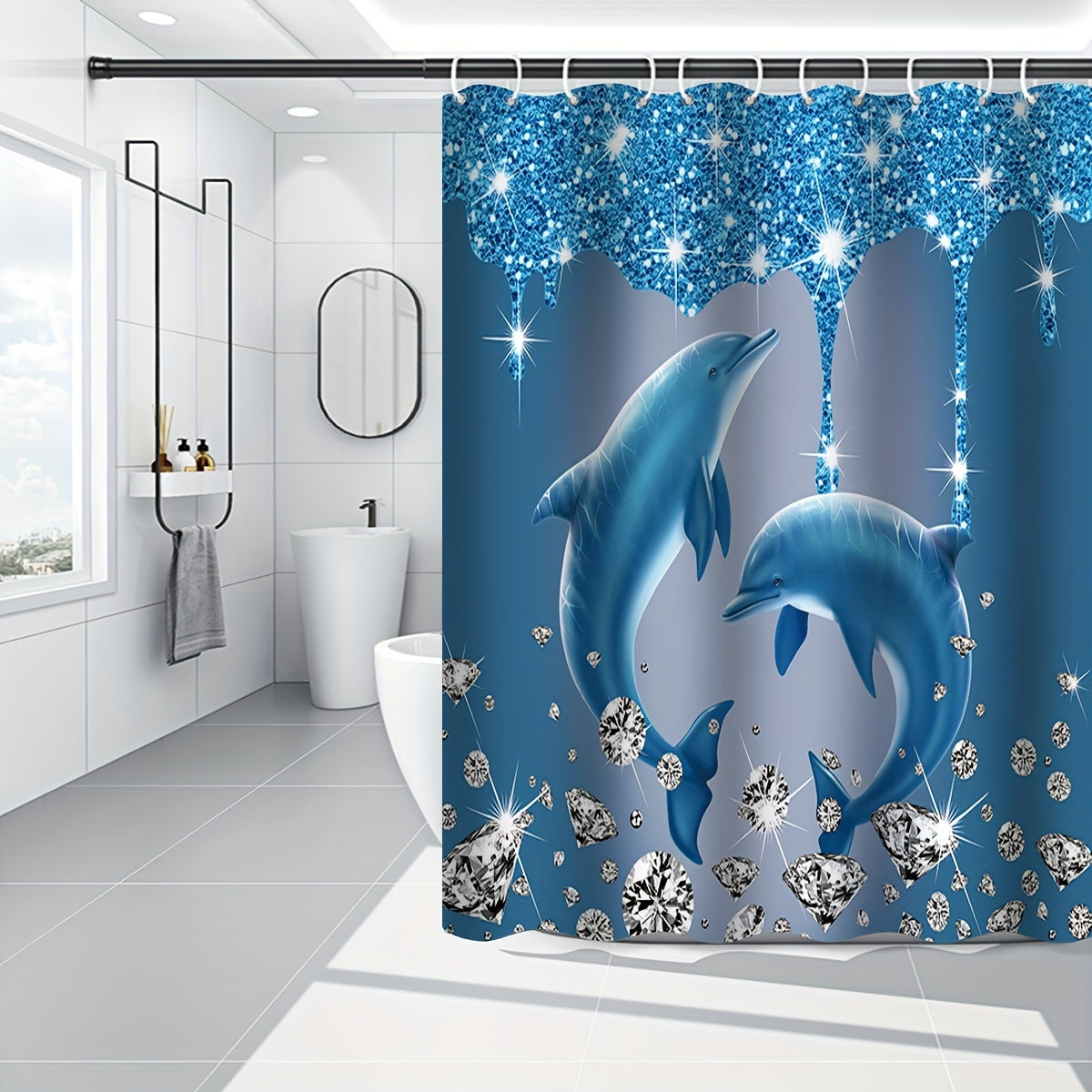 Diamond Dolphin Print Shower Curtain Set Waterproof Polyester Bathroom Decor with Hooks Bath Mat Rug and Toilet Lid Cover