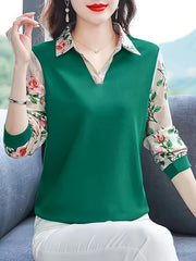 Women's Long Sleeve Floral Polyester Blouse with Lapel Collar for Spring and Autumn Vacations