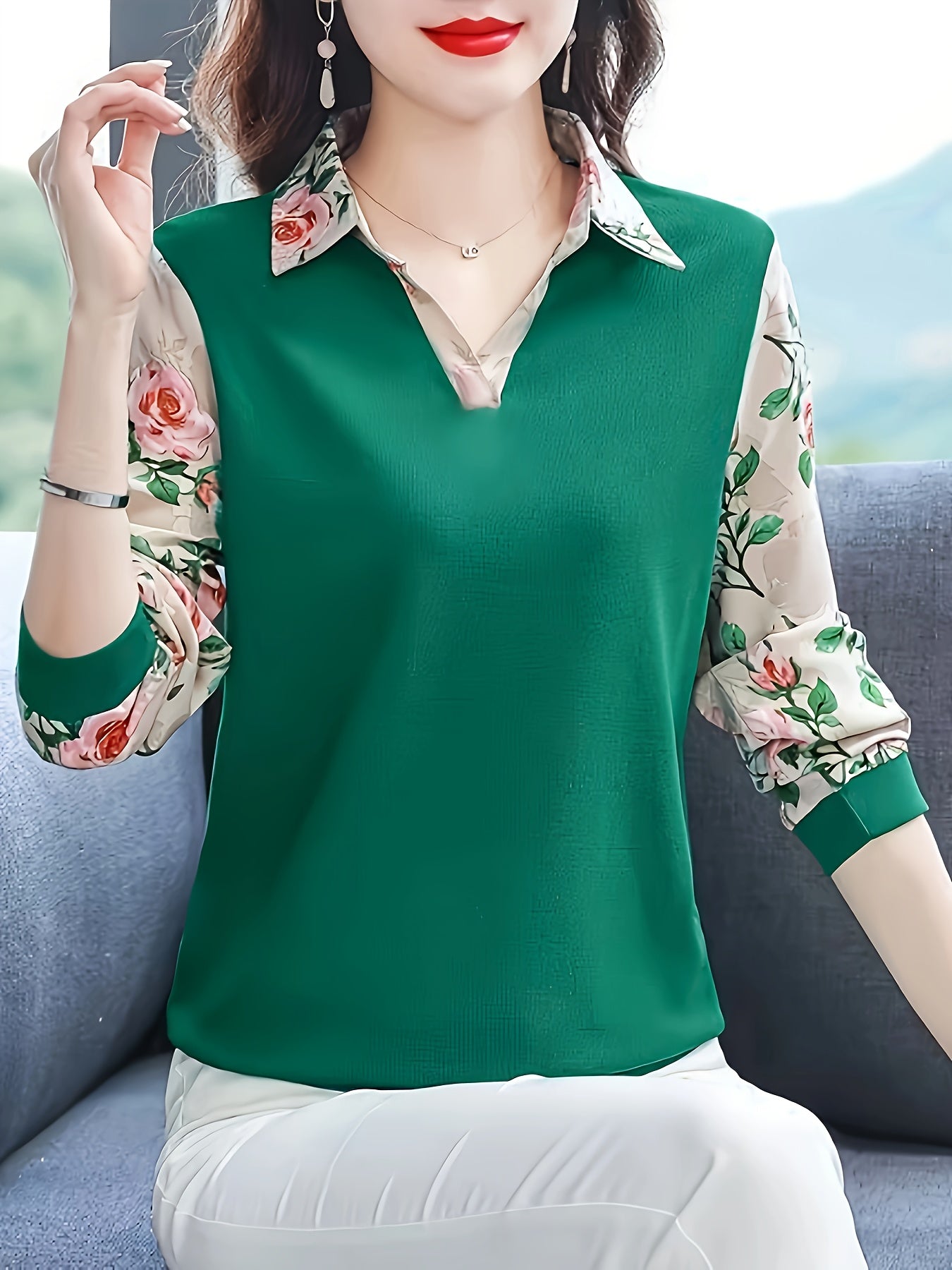 Women's Long Sleeve Floral Polyester Blouse with Lapel Collar for Spring and Autumn Vacations