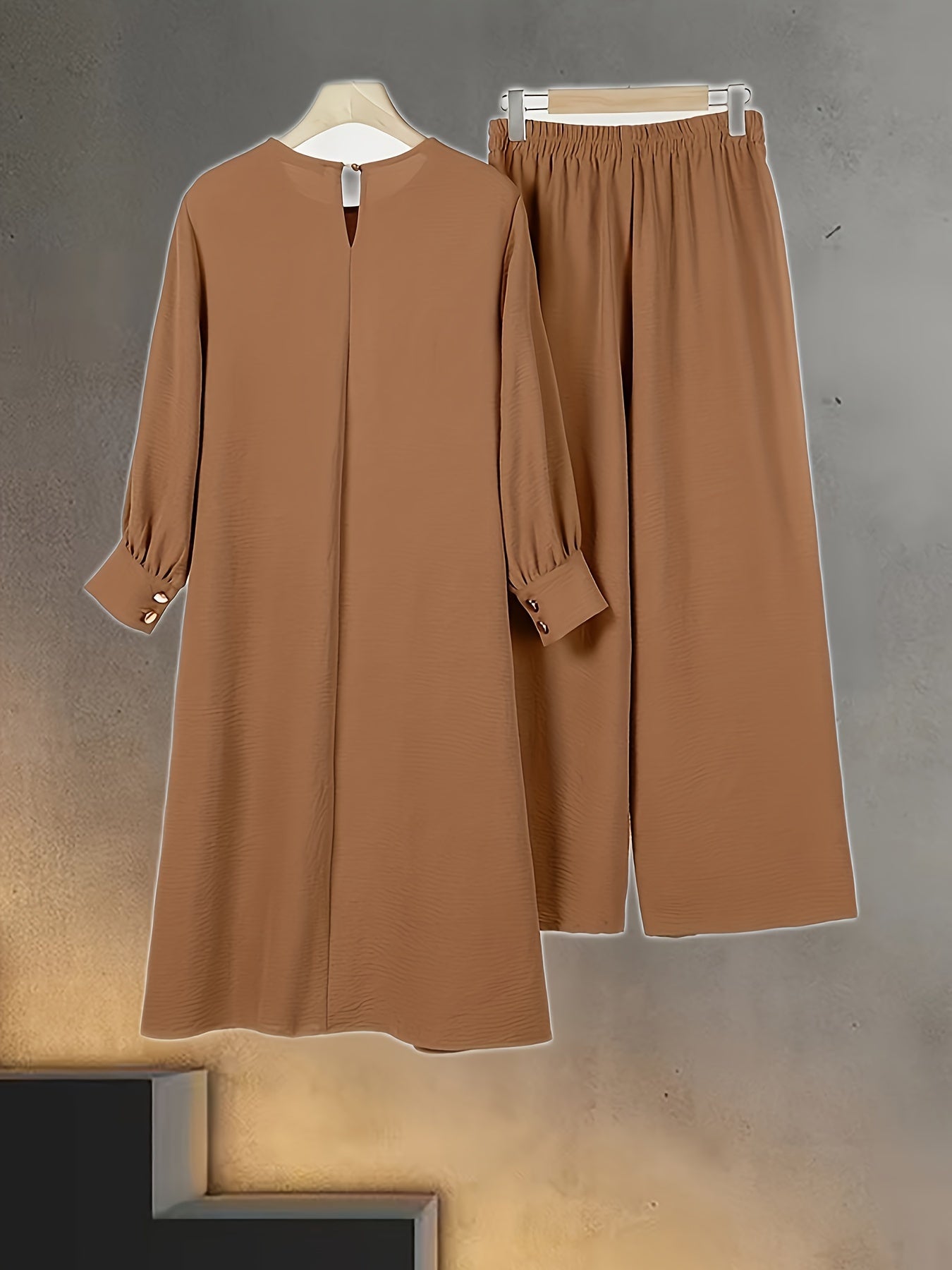 Women's Muslim Outfit Long Sleeve Button-Up Shirt Wide-Leg Pants Casual Wear Polyester