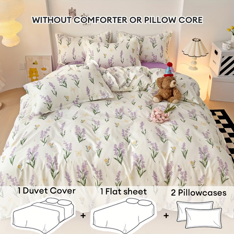 Lavender Floral Princess Style Duvet Cover Set with Flat Sheet and Pillowcases