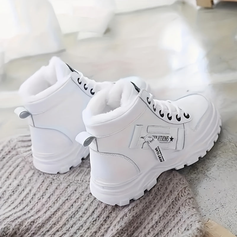 Women's Plush-Lined Ankle Boots Thermal Insulation Winter Slip-On Black White