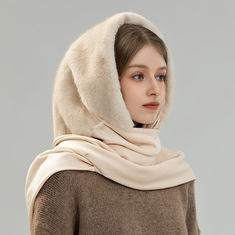 Qora rangda qizil aksentlar bilan bezatilgan zamonaviy ayollar uchun soxta mink mo'ynali sharf shlyapa, kuz/qish uchun mukammal.