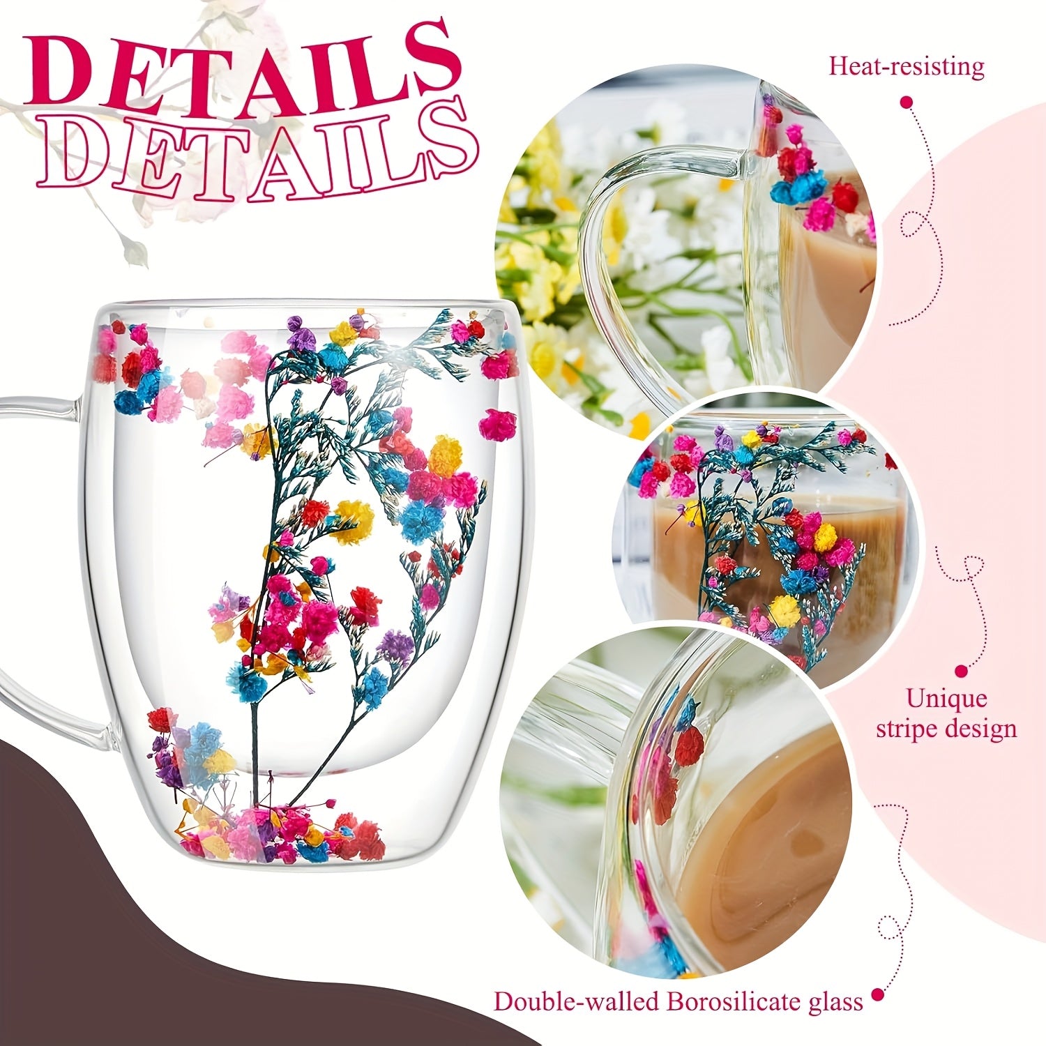 Double Layer Espresso Cup 10.14oz Insulated Flower Design Gift