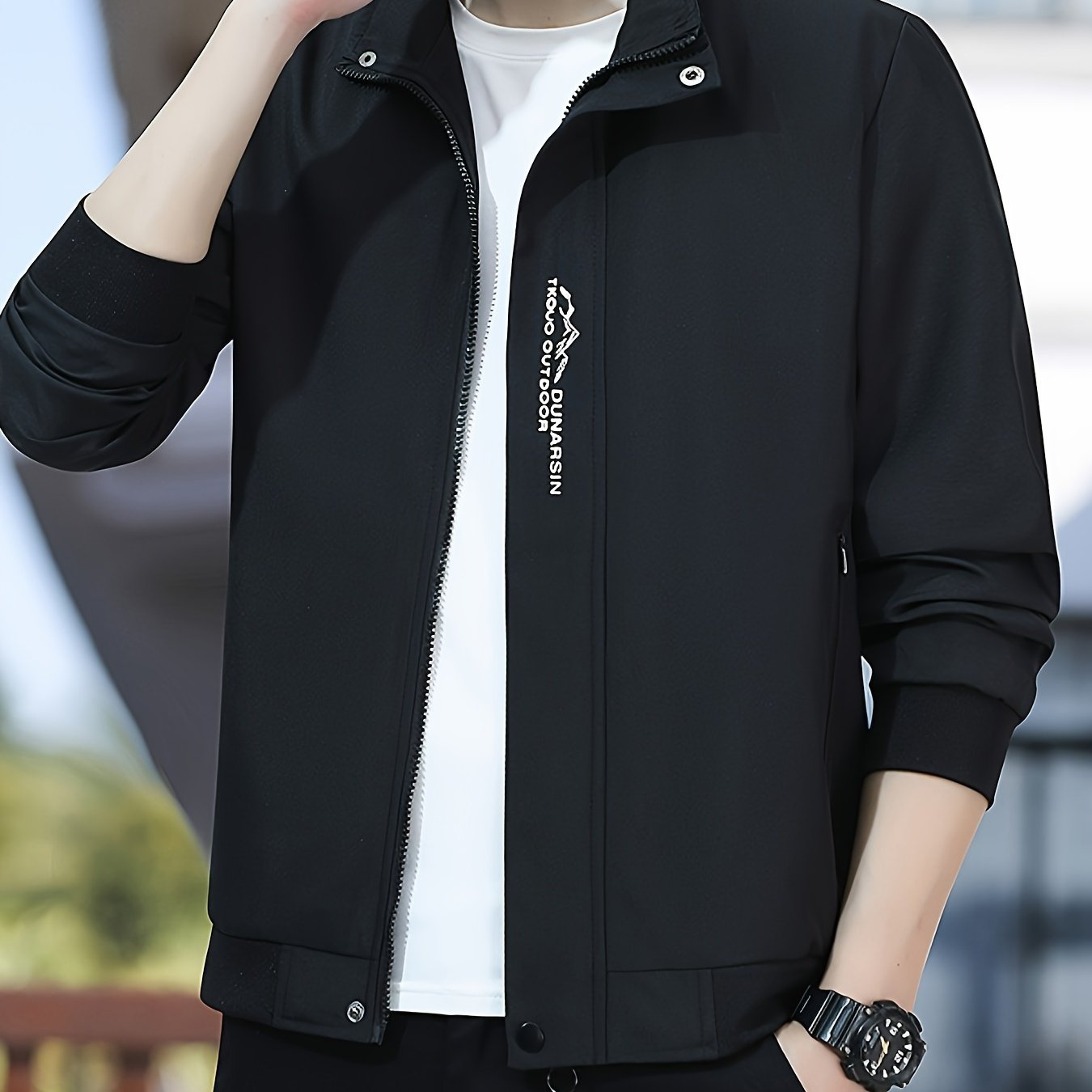 Men's Casual Zip-Up Jacket with Stand Collar Long Sleeve Fall Winter Polyester